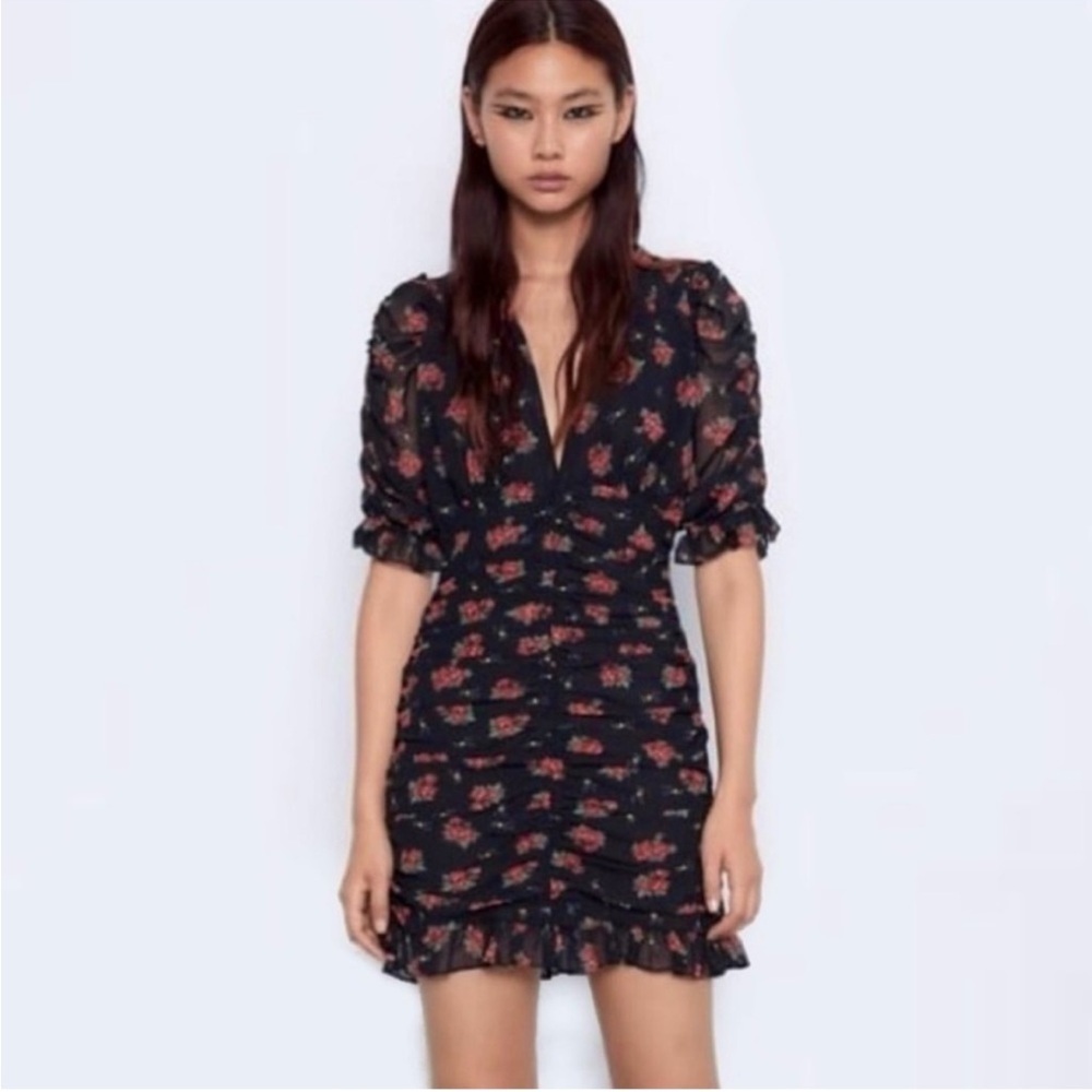 ZARA Black Printed Floral Draped Mini Dress